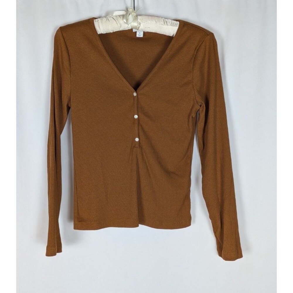 J. Crew Bouse S Women's Brown Long Sleeve Vneck Button Ribbed Henely Top
